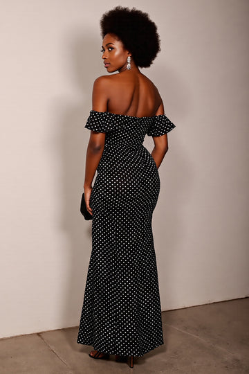 Black White Polka Dot Sheath Off The Shoulder Maxi Dress With Slit